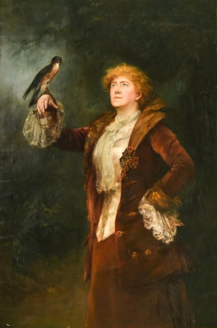 John Collier - Ritratto dell'attrice Ellen Terry, nei panni di Lucy Ashton, in piedi in un paesaggio con un falco appollaiato sulla sua mano